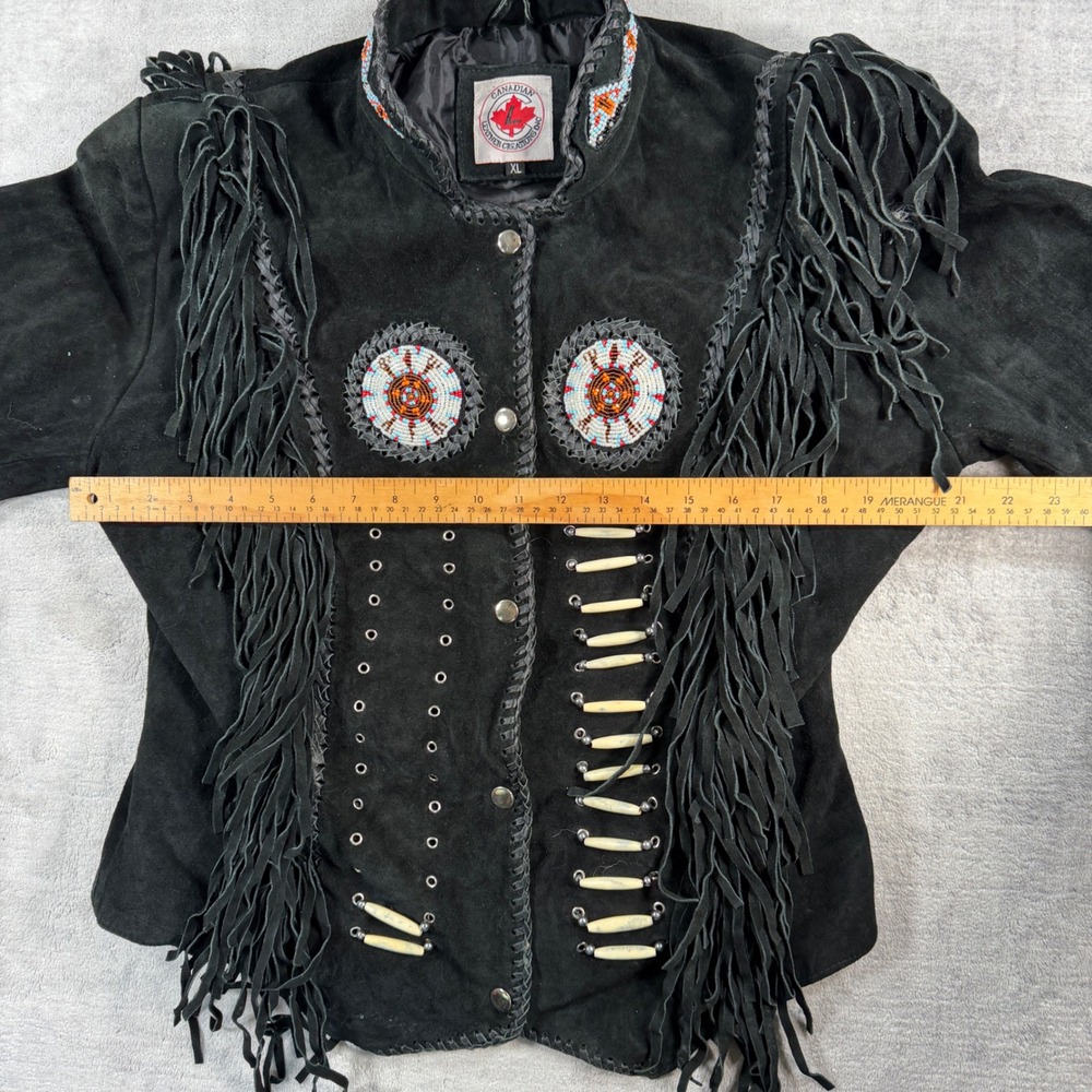 Canadian Leather Creations Jacket Womens XL Black Suede Fringe Beaded Western - Picture 12 of 13